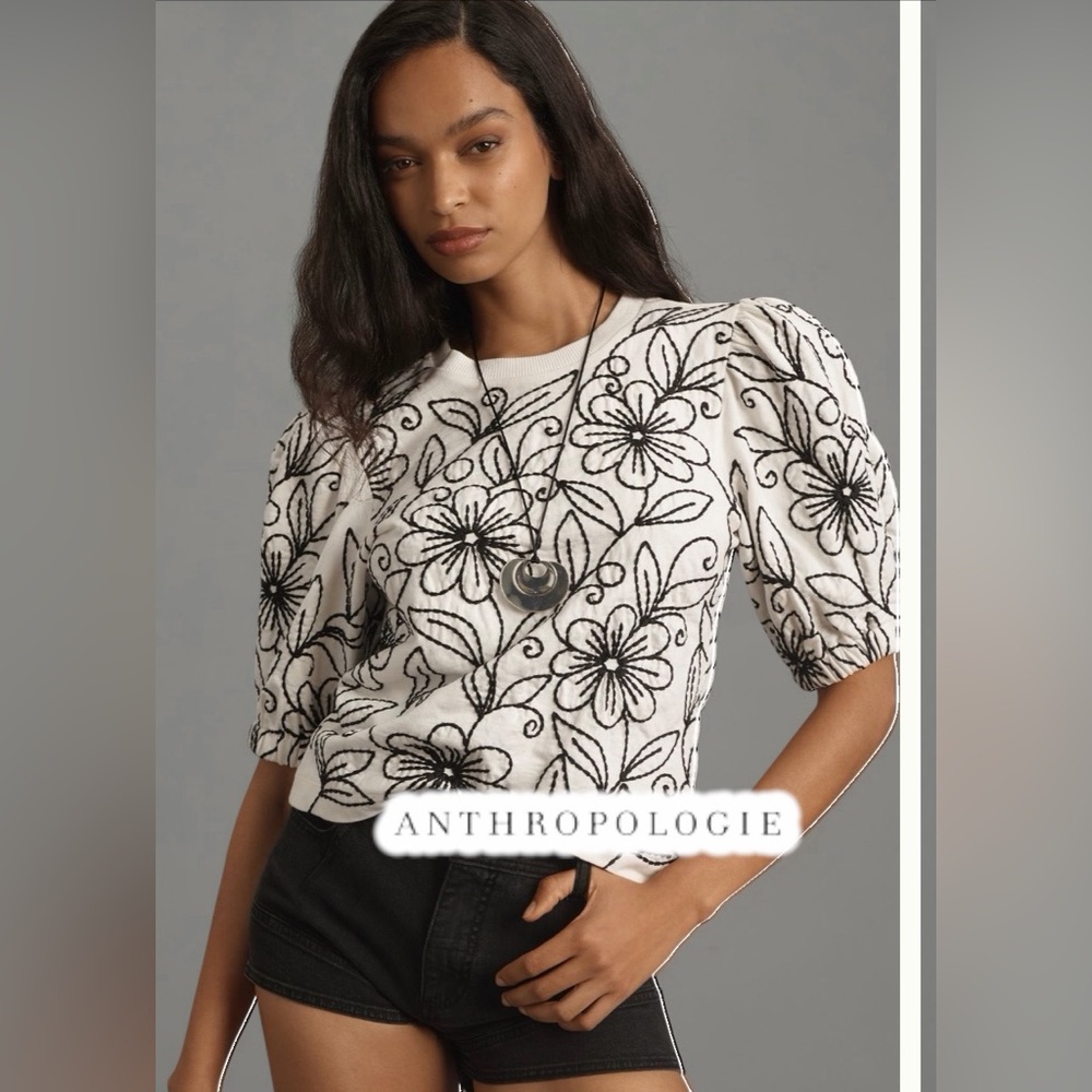 Anthropologie White Knit Puff-Sleeve Sweater with Black Floral Embroidery